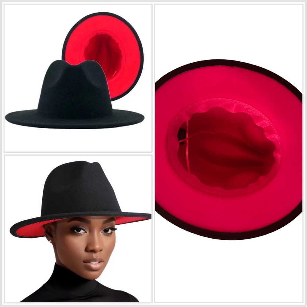 🛍🆕 Women's  Black Red Wide Brim Two Tone Fedora Hat